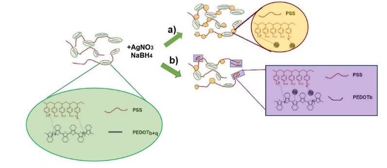 Esquema de mecanismos de estabilización propuestos para las nanopartículas sintetizadas en presencia de PEDOT:PSS